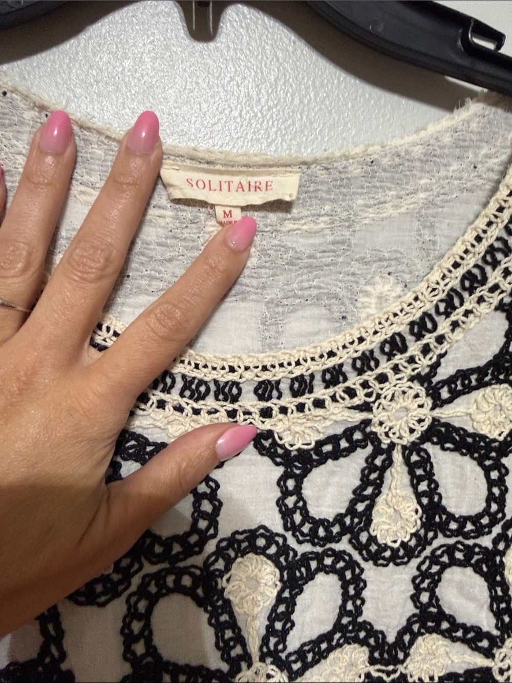Solitaire Cream Top with Black Crochet Floral Overlay